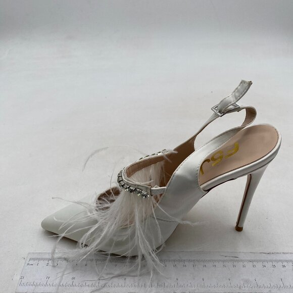 FSJ Women Sexy Stilettos Closed Pointed Toe Slingback Pumps,Rhinestone,Fur,White - Picture 1 of 7